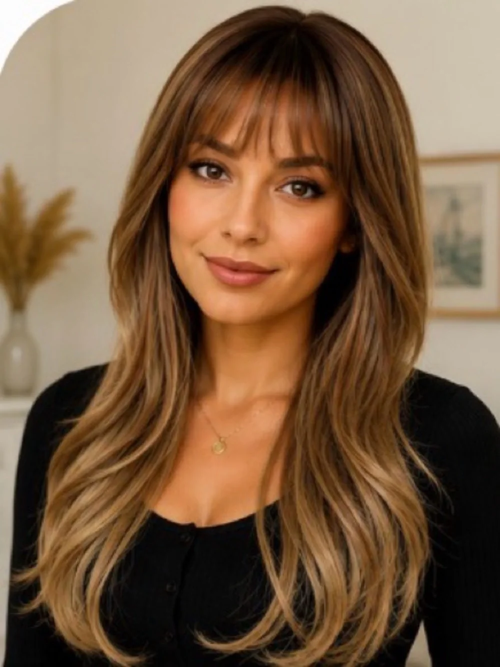 Covetime Brown Blonde Ombré Long Layered Synthetic Wig with Bangs